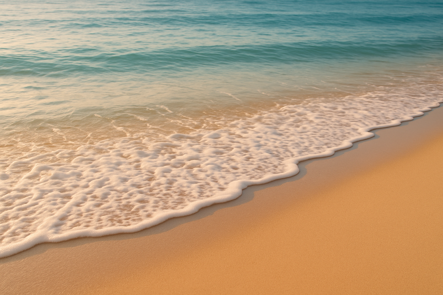 A soothing image of waves washing up gently on a golden, sandy beach